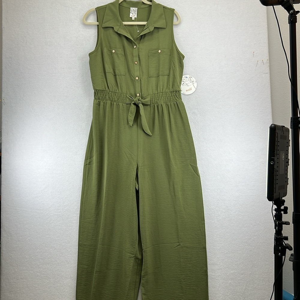 Naïf Jumpsuit Women’s Large Green Button Front Wide Leg Elastic Waist Tie NWT